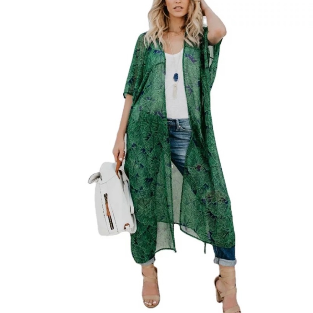Ladies Beautiful Chiffon Long Top Cover Kimono Cardigan Dark Green